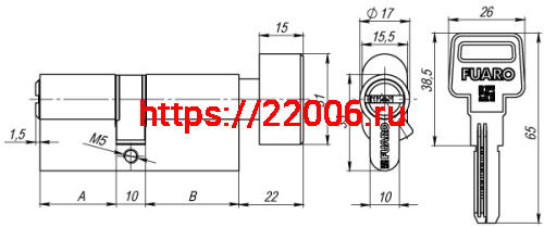 Цилиндровый Fuaro (Фуаро) механизм (R602/90) R6002Knob90(35+10+45) CP хром 5Key с вертушкой фото 3