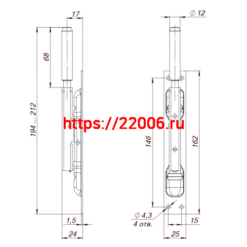 Задвижка Fuaro (Фуаро) торцевая RIGEL-set/160-210 D12x80mm в комплекте с ригелем фото 2