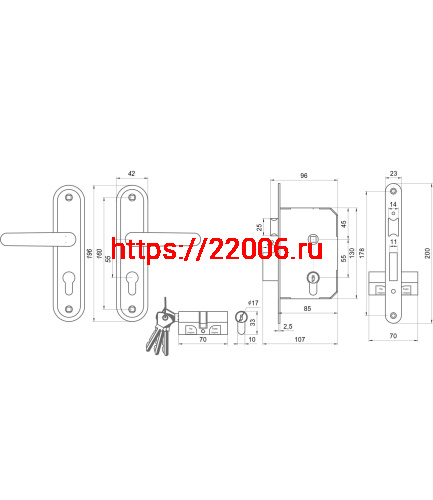 Замок Omega (Омега) врезной цилиндровый с защёлкой в комплекте с ручкой ЗВ7.02 (медь), 4 кл. фото 2