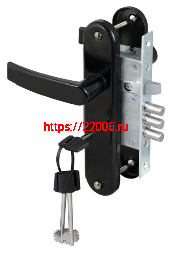 Замок Sam (Сам) врезной сувальдный с защёлкой в комплекте с ручкой ЗВ9-8/13 (черный муар), 3 кл. /76704/