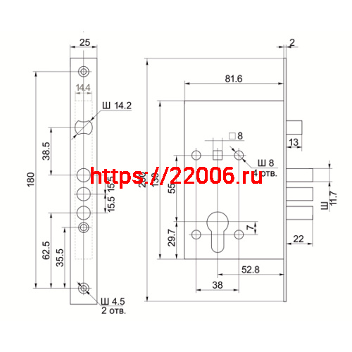 Корпус Border (Бордер) врезного замка с защёлкой ЗВ4-3/55 с ригелем 12 мм /78931/ фото 2