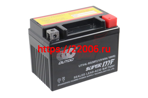 Аккумулятор 12В 4Ач OUTDO UTX4L-BS(MF) (аналогCT1204) (кислотный, герметичный) (обр.полярн) (113*70*85мм)