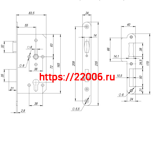 Замок Fuaro (Фуаро) врезной DD.INOX/C-55.72/R с ролик. защелкой (лиц.планка 24 мм) фото 3