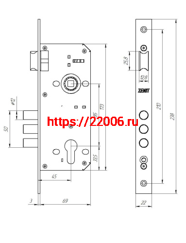 Замок Zenit (Зенит) врезной цилиндровый с защёлкой в комплекте с ручкой ЗВ4-85.3 (медь), 5 кл. фото 2