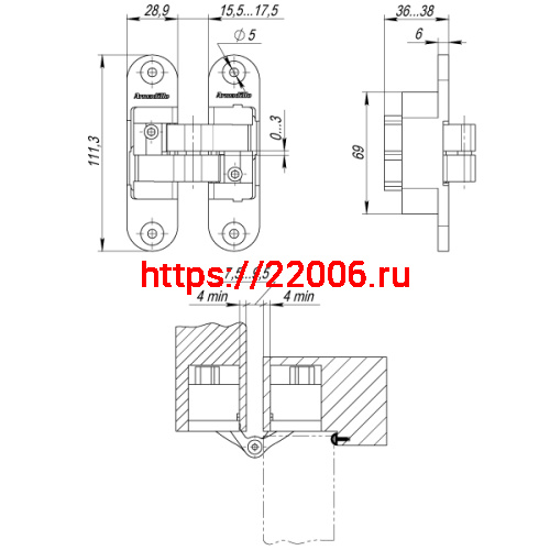 Петля Armadillo (Армадилло) скрытой установки U3D6200R SN правая (Architect 3D-ACH 60) мат. никель 60 кг фото 4