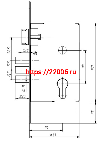 Замок Absolyute (Абсолют) врезной цилиндровый с защёлкой в комплекте с ручкой ЗВ4-3/09Р (медь), 4 кл. фото 3