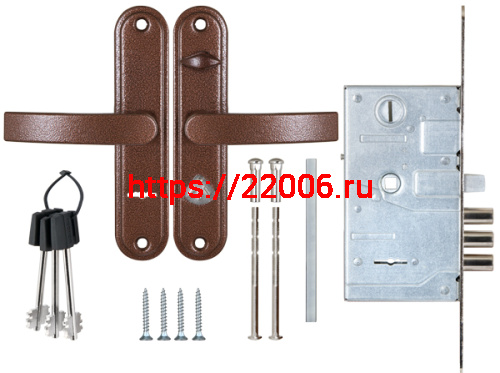 Замок Sam (Сам) врезной сувальдный с защёлкой в компл с ручкой ЗВ9-8.3/13(КЛП5-85) лев (медн ант), 3 кл/88011/