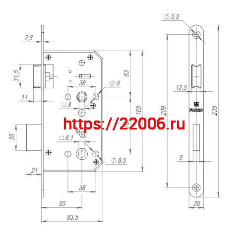 Замок Fuaro (Фуаро) врезной DD.INOX/WC-55.78 фото 3