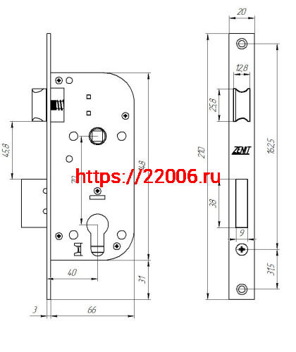 Замок Zenit (Зенит) врезной цилиндровый с защёлкой в комплекте с ручкой ЗВ7-70.4-02 (хром), 5 кл. фото 3