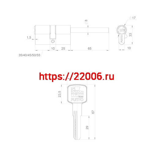 Цилиндровый Punto (Пунто) механизм Z3007Tang75(40+10+25) со штоком CP хром фото 3