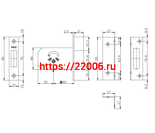 Замок Kale kilit (Кале килит) врезной крестообразный 156/F (45 mm), 3 кл. фото 3