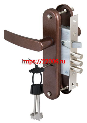 Замок Sam (Сам) врезной сувальдный с защёлкой в комплекте с ручкой ЗВ9-8/13 (медный антик), 3 кл. /84301/