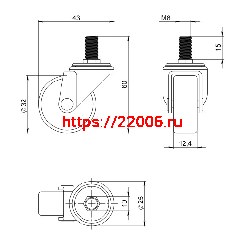 Опора Ajax (Аякс) колесная WL/P-30R/20 kg резина, с винтом М8 фото 2