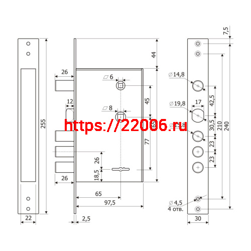 Замок Guardian (Гардиан) врезной сувальдный с задвижкой и защёлкой ЗВ 30.12, 4 кл.(длинный кл. 59 мм) /123:138/ фото 2