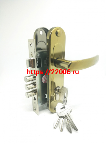 Замок Zenit (Зенит) врезной цилиндровый с защёлкой в комплекте с ручкой ЗВ7-60.1-02 (золото лак), 5 кл.