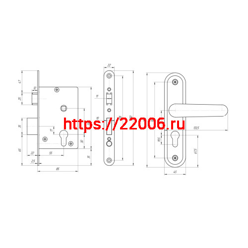 Замок Absolyute (Абсолют) врезной цилиндровый с защёлкой в комплекте с ручкой ЗВ4.2-08 (медь антик), 4 кл. фото 2