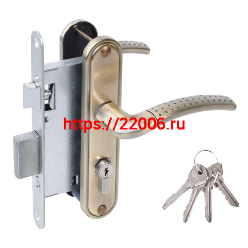 Замок Omega (Омега) врезной цилиндровый с защёлкой в комплекте с ручкой ЗВ4-55.27 (ант.бронза), 4 кл.