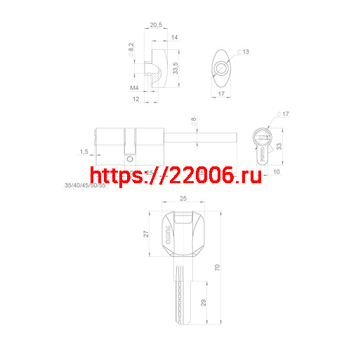 Цилиндровый Punto (Пунто) механизм (Z407/70) Z4007Tang70(35+10+25) со штоком CP хром фото 4