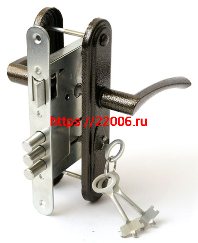 Замок Zenit (Зенит) врезной сувальдный с защёлкой в комплекте с ручкой ЗВ9-4-2 (медь), 3кл.