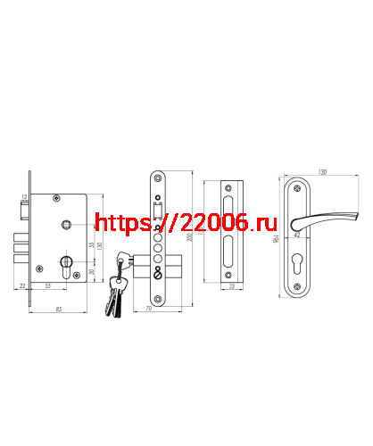 Замок Omega (Омега) врезной цилиндровый с защёлкой в комплекте с ручкой ЗВ4.2-01 (медь), 3 кл. фото 2