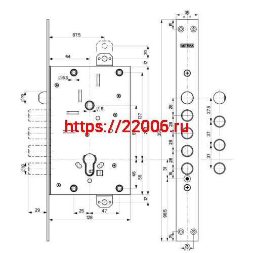 Корпус Mottura (Моттура) врезного замка с защёлкой 82.535W800B Универсальный фото 2
