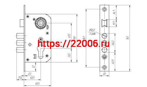 Замок Zenit (Зенит) врезной цилиндровый с защёлкой в комплекте с ручкой ЗВ7-60.1-02 (медь), 5 кл. фото 3